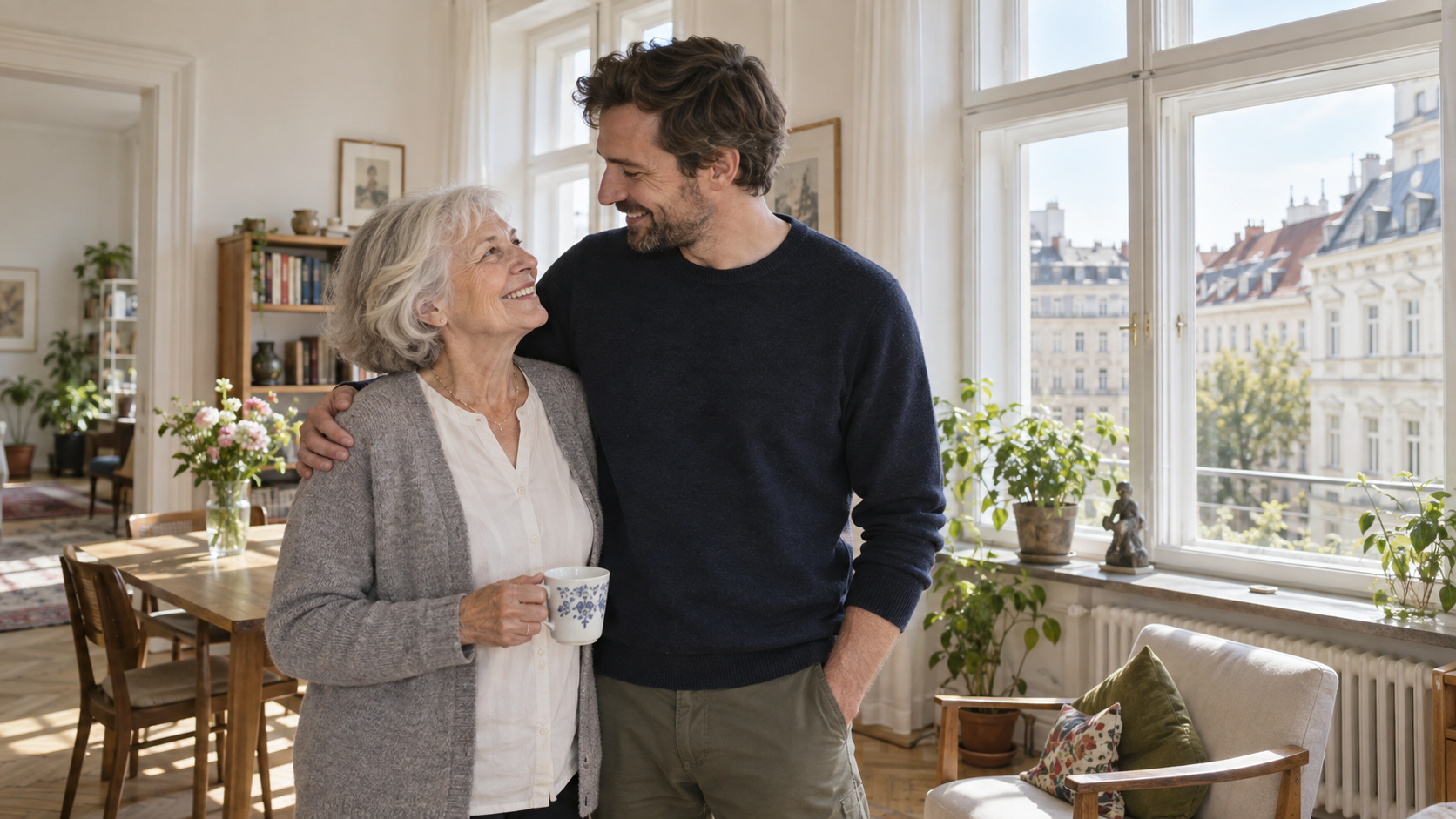 Ältere Frau und erwachsener Sohn in einer Wiener Wohnung