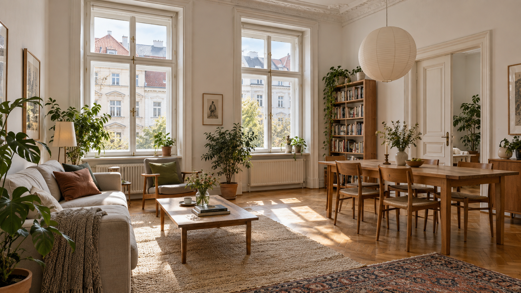 Helle Wiener Wohnung mit hohen Fenstern und Stadtblick